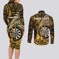 Personalised New Zealand Darts Couples Matching Long Sleeve Bodycon Dress and Long Sleeve Button Shirt Maori Koru Dartboard Gold Flame LT05 - Polynesian Pride