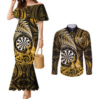 Personalised New Zealand Darts Couples Matching Mermaid Dress and Long Sleeve Button Shirt Maori Koru Dartboard Gold Flame LT05 Gold - Polynesian Pride