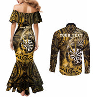 Personalised New Zealand Darts Couples Matching Mermaid Dress and Long Sleeve Button Shirt Maori Koru Dartboard Gold Flame LT05 - Polynesian Pride