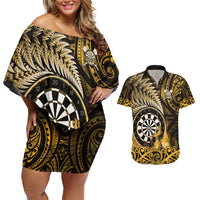 Personalised New Zealand Darts Couples Matching Off Shoulder Short Dress and Hawaiian Shirt Maori Koru Dartboard Gold Flame LT05 Gold - Polynesian Pride