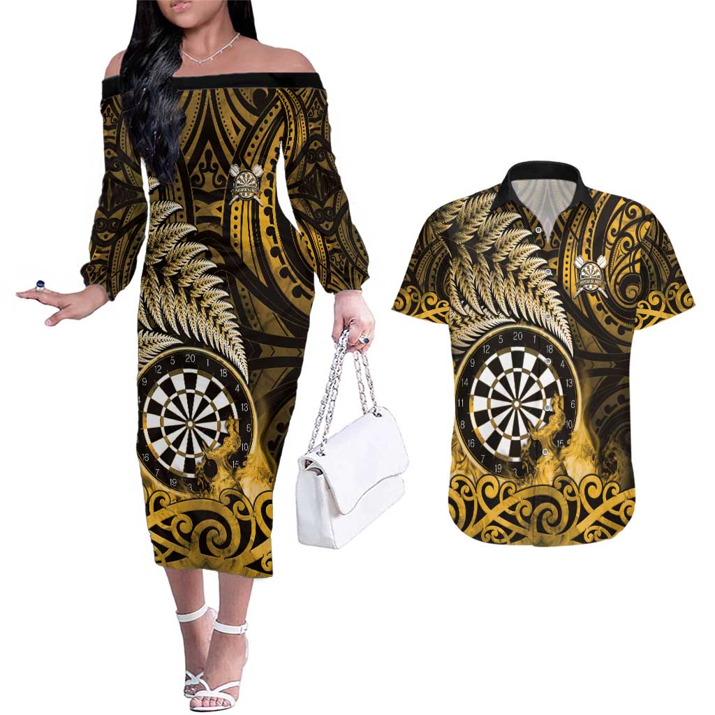 Personalised New Zealand Darts Couples Matching Off The Shoulder Long Sleeve Dress and Hawaiian Shirt Maori Koru Dartboard Gold Flame LT05 Gold - Polynesian Pride