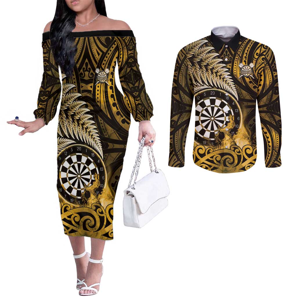 Personalised New Zealand Darts Couples Matching Off The Shoulder Long Sleeve Dress and Long Sleeve Button Shirt Maori Koru Dartboard Gold Flame LT05 Gold - Polynesian Pride