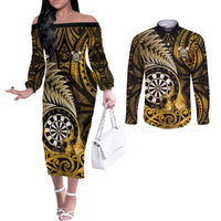 Personalised New Zealand Darts Couples Matching Off The Shoulder Long Sleeve Dress and Long Sleeve Button Shirt Maori Koru Dartboard Gold Flame LT05 Gold - Polynesian Pride