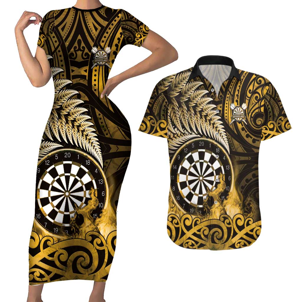 Personalised New Zealand Darts Couples Matching Short Sleeve Bodycon Dress and Hawaiian Shirt Maori Koru Dartboard Gold Flame LT05 Gold - Polynesian Pride