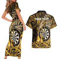 Personalised New Zealand Darts Couples Matching Short Sleeve Bodycon Dress and Hawaiian Shirt Maori Koru Dartboard Gold Flame LT05 - Polynesian Pride
