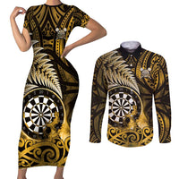 Personalised New Zealand Darts Couples Matching Short Sleeve Bodycon Dress and Long Sleeve Button Shirt Maori Koru Dartboard Gold Flame LT05 Gold - Polynesian Pride