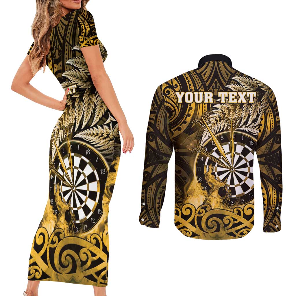 Personalised New Zealand Darts Couples Matching Short Sleeve Bodycon Dress and Long Sleeve Button Shirt Maori Koru Dartboard Gold Flame LT05 - Polynesian Pride