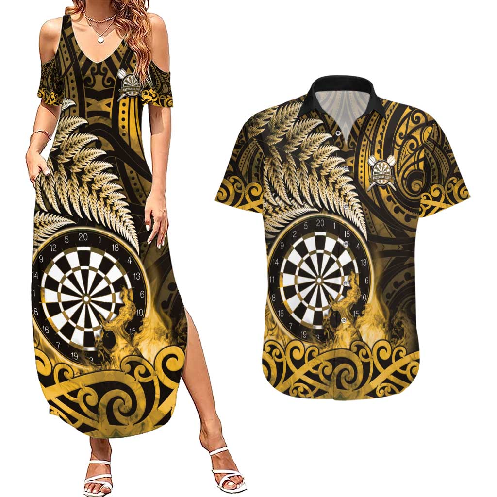 Personalised New Zealand Darts Couples Matching Summer Maxi Dress and Hawaiian Shirt Maori Koru Dartboard Gold Flame LT05 Gold - Polynesian Pride