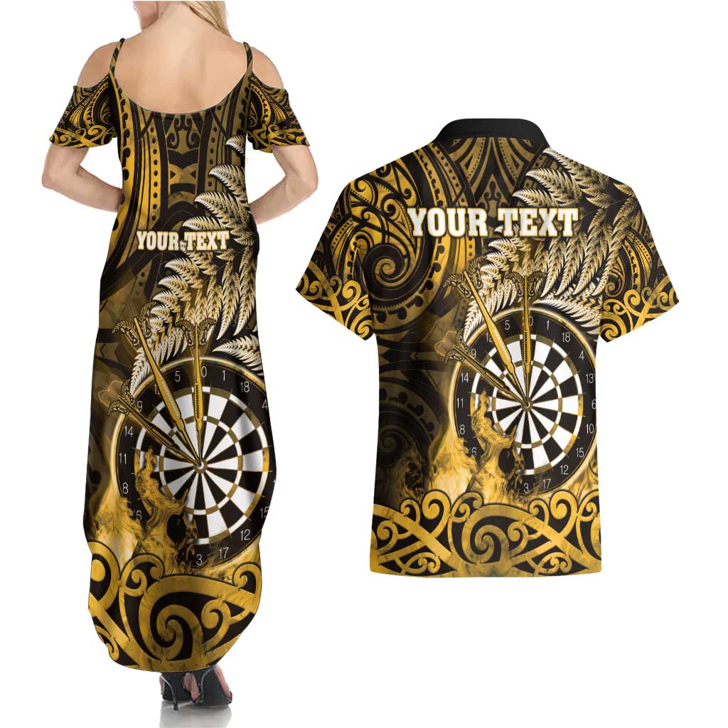 Personalised New Zealand Darts Couples Matching Summer Maxi Dress and Hawaiian Shirt Maori Koru Dartboard Gold Flame LT05 - Polynesian Pride