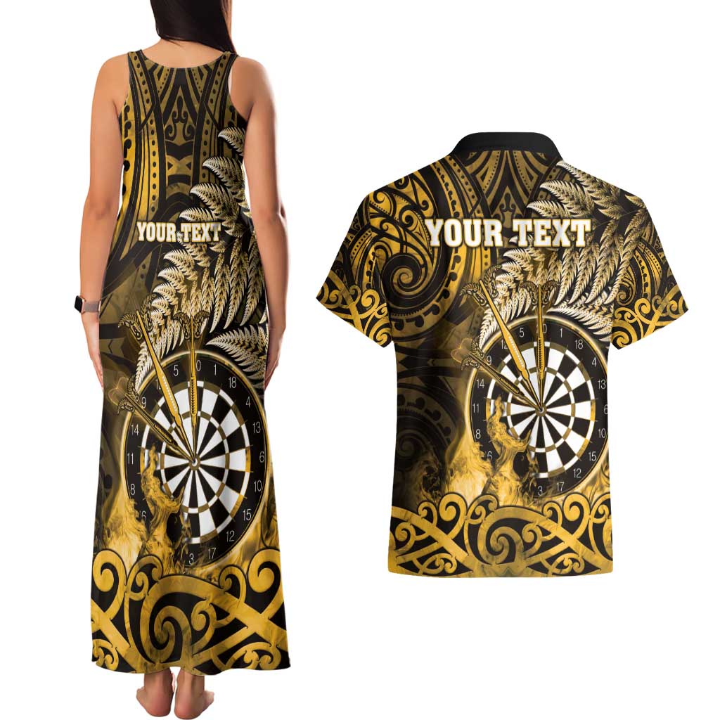Personalised New Zealand Darts Couples Matching Tank Maxi Dress and Hawaiian Shirt Maori Koru Dartboard Gold Flame LT05 - Polynesian Pride