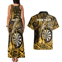Personalised New Zealand Darts Couples Matching Tank Maxi Dress and Hawaiian Shirt Maori Koru Dartboard Gold Flame LT05 - Polynesian Pride