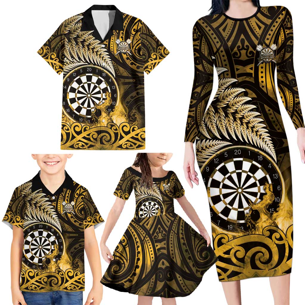 Personalised New Zealand Darts Family Matching Long Sleeve Bodycon Dress and Hawaiian Shirt Maori Koru Dartboard Gold Flame LT05 - Polynesian Pride
