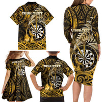 Personalised New Zealand Darts Family Matching Long Sleeve Bodycon Dress and Hawaiian Shirt Maori Koru Dartboard Gold Flame LT05 - Polynesian Pride