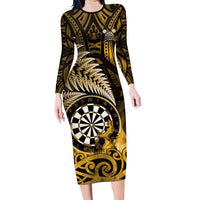 Personalised New Zealand Darts Family Matching Long Sleeve Bodycon Dress and Hawaiian Shirt Maori Koru Dartboard Gold Flame LT05 Mom's Dress Gold - Polynesian Pride