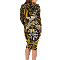 Personalised New Zealand Darts Family Matching Long Sleeve Bodycon Dress and Hawaiian Shirt Maori Koru Dartboard Gold Flame LT05 - Polynesian Pride