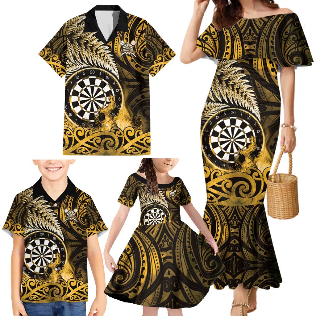 Personalised New Zealand Darts Family Matching Mermaid Dress and Hawaiian Shirt Maori Koru Dartboard Gold Flame LT05 - Polynesian Pride