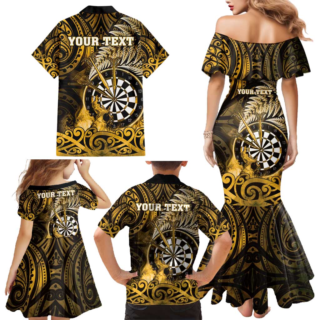 Personalised New Zealand Darts Family Matching Mermaid Dress and Hawaiian Shirt Maori Koru Dartboard Gold Flame LT05 - Polynesian Pride