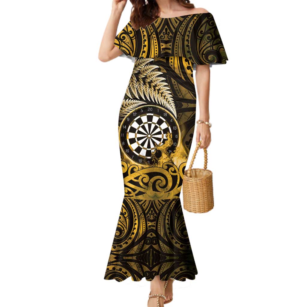 Personalised New Zealand Darts Family Matching Mermaid Dress and Hawaiian Shirt Maori Koru Dartboard Gold Flame LT05 Mom's Dress Gold - Polynesian Pride