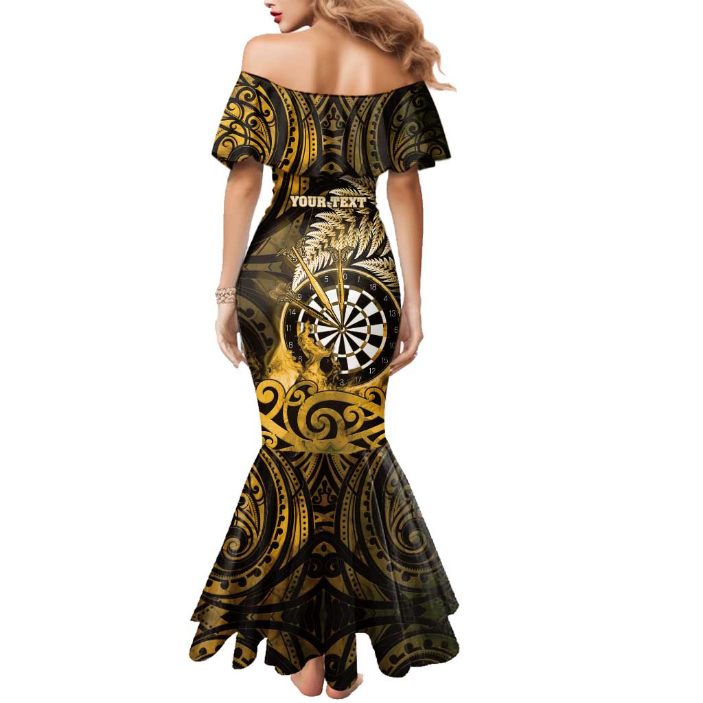 Personalised New Zealand Darts Family Matching Mermaid Dress and Hawaiian Shirt Maori Koru Dartboard Gold Flame LT05 - Polynesian Pride