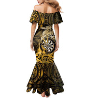 Personalised New Zealand Darts Family Matching Mermaid Dress and Hawaiian Shirt Maori Koru Dartboard Gold Flame LT05 - Polynesian Pride