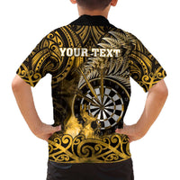 Personalised New Zealand Darts Family Matching Off The Shoulder Long Sleeve Dress and Hawaiian Shirt Maori Koru Dartboard Gold Flame LT05 - Polynesian Pride