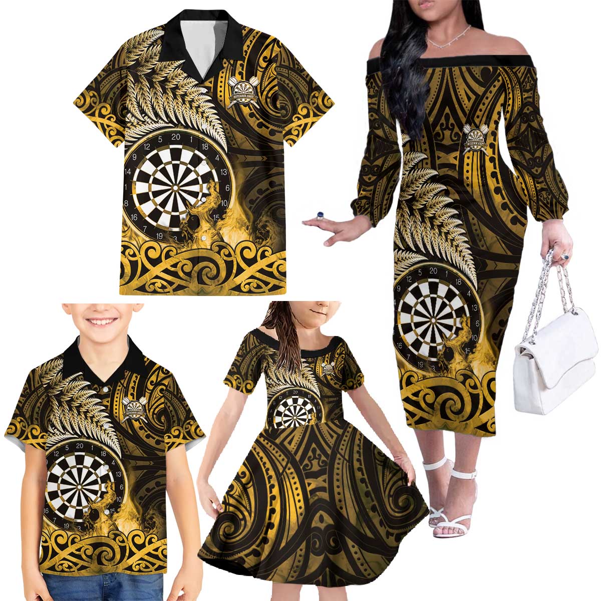 Personalised New Zealand Darts Family Matching Off The Shoulder Long Sleeve Dress and Hawaiian Shirt Maori Koru Dartboard Gold Flame LT05 - Polynesian Pride