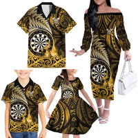 Personalised New Zealand Darts Family Matching Off The Shoulder Long Sleeve Dress and Hawaiian Shirt Maori Koru Dartboard Gold Flame LT05 - Polynesian Pride