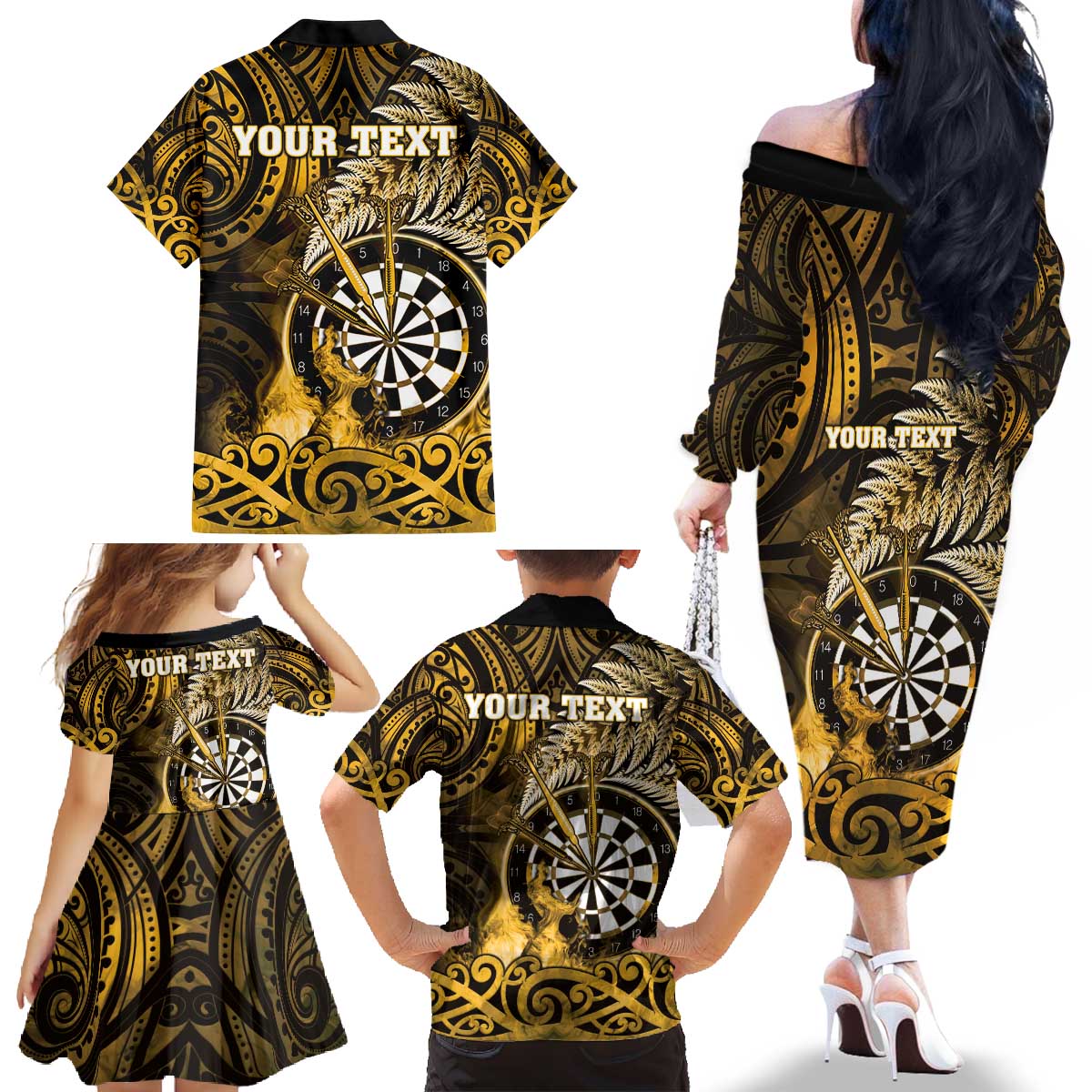 Personalised New Zealand Darts Family Matching Off The Shoulder Long Sleeve Dress and Hawaiian Shirt Maori Koru Dartboard Gold Flame LT05 - Polynesian Pride