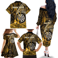 Personalised New Zealand Darts Family Matching Off The Shoulder Long Sleeve Dress and Hawaiian Shirt Maori Koru Dartboard Gold Flame LT05 - Polynesian Pride