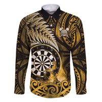 Personalised New Zealand Darts Family Matching Off The Shoulder Long Sleeve Dress and Hawaiian Shirt Maori Koru Dartboard Gold Flame LT05 Dad's Shirt - Long Sleeve Gold - Polynesian Pride