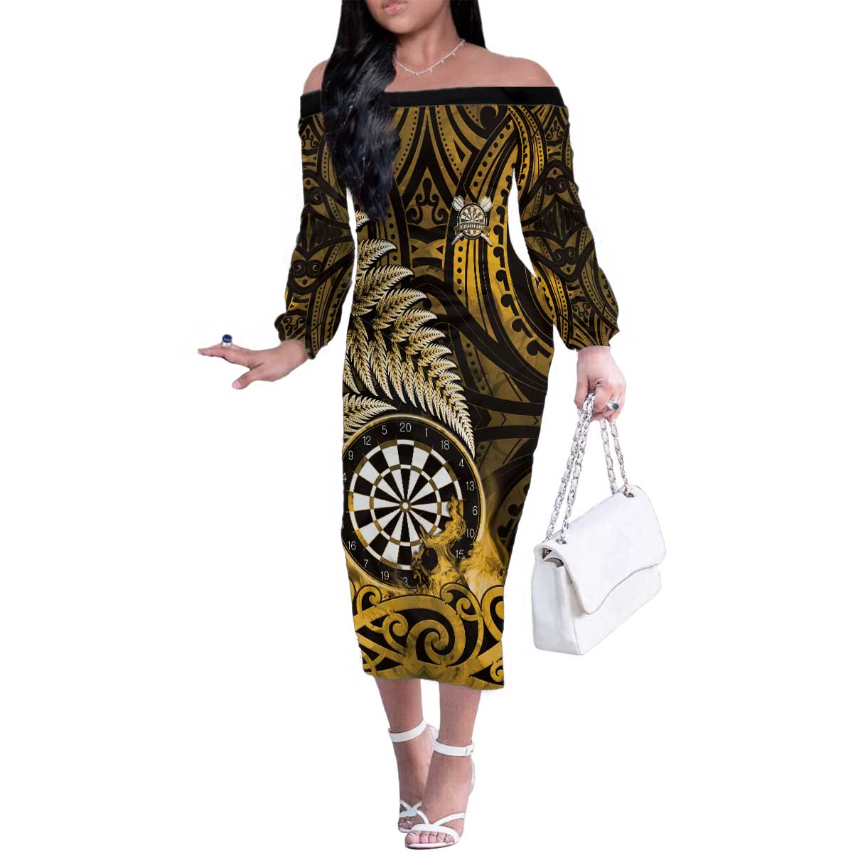 Personalised New Zealand Darts Family Matching Off The Shoulder Long Sleeve Dress and Hawaiian Shirt Maori Koru Dartboard Gold Flame LT05 Mom's Dress Gold - Polynesian Pride