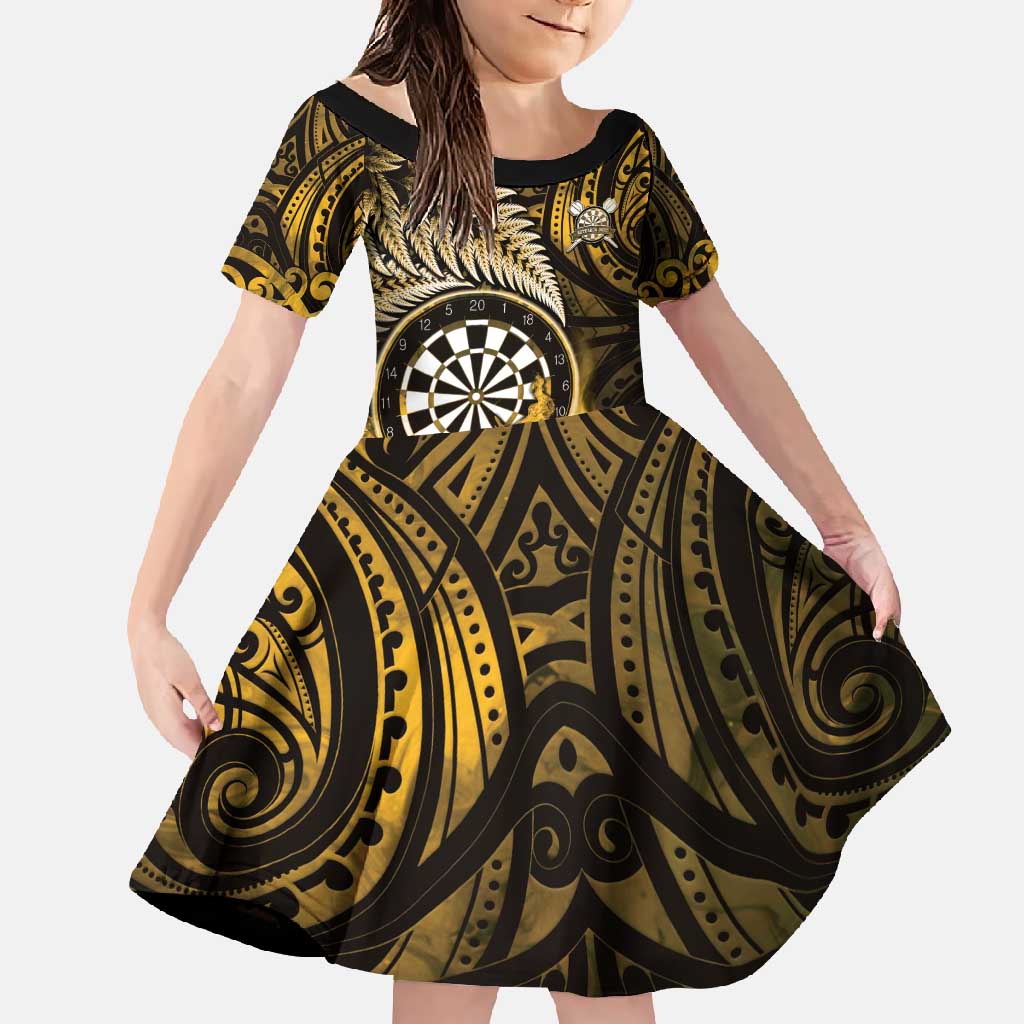 Personalised New Zealand Darts Family Matching Off Shoulder Maxi Dress and Hawaiian Shirt Maori Koru Dartboard Gold Flame LT05 Daughter's Dress Gold - Polynesian Pride
