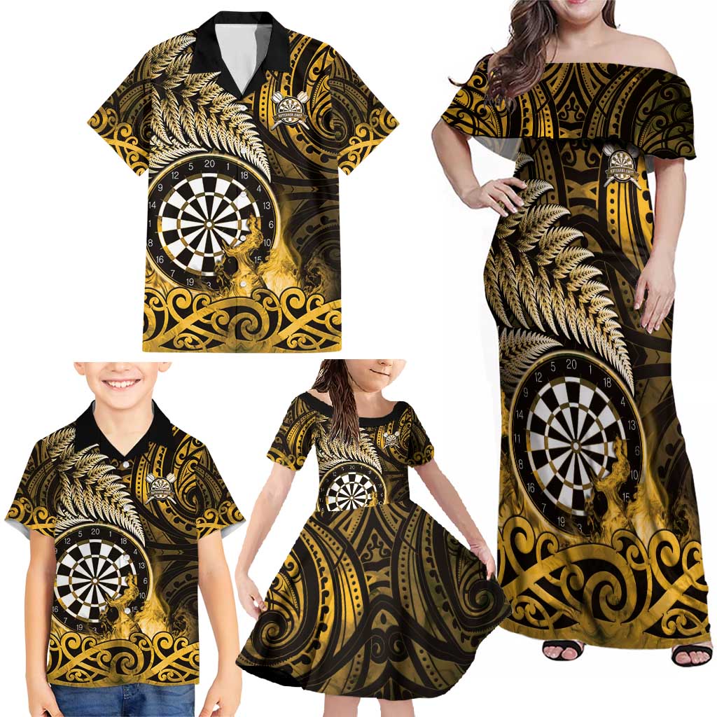 Personalised New Zealand Darts Family Matching Off Shoulder Maxi Dress and Hawaiian Shirt Maori Koru Dartboard Gold Flame LT05 - Polynesian Pride
