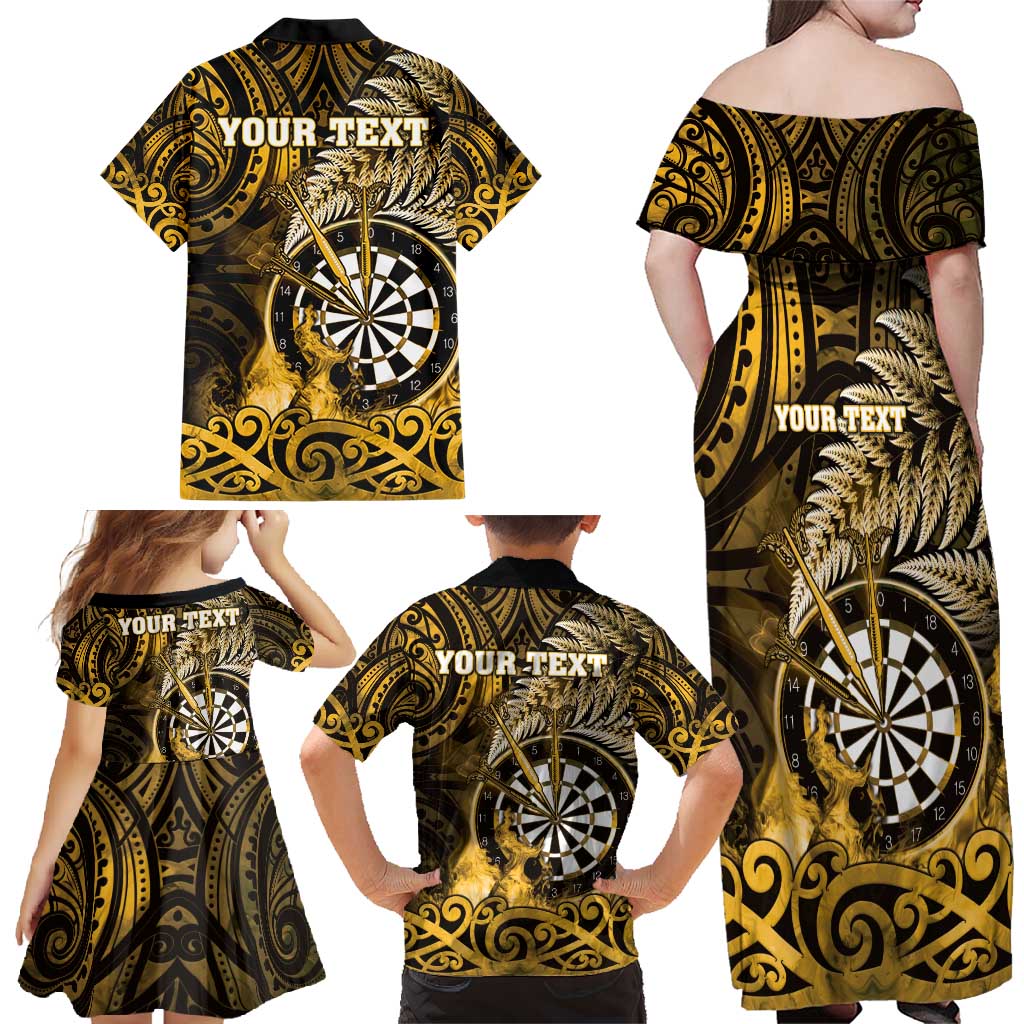 Personalised New Zealand Darts Family Matching Off Shoulder Maxi Dress and Hawaiian Shirt Maori Koru Dartboard Gold Flame LT05 - Polynesian Pride