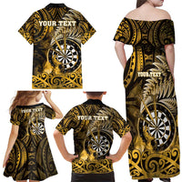 Personalised New Zealand Darts Family Matching Off Shoulder Maxi Dress and Hawaiian Shirt Maori Koru Dartboard Gold Flame LT05 - Polynesian Pride