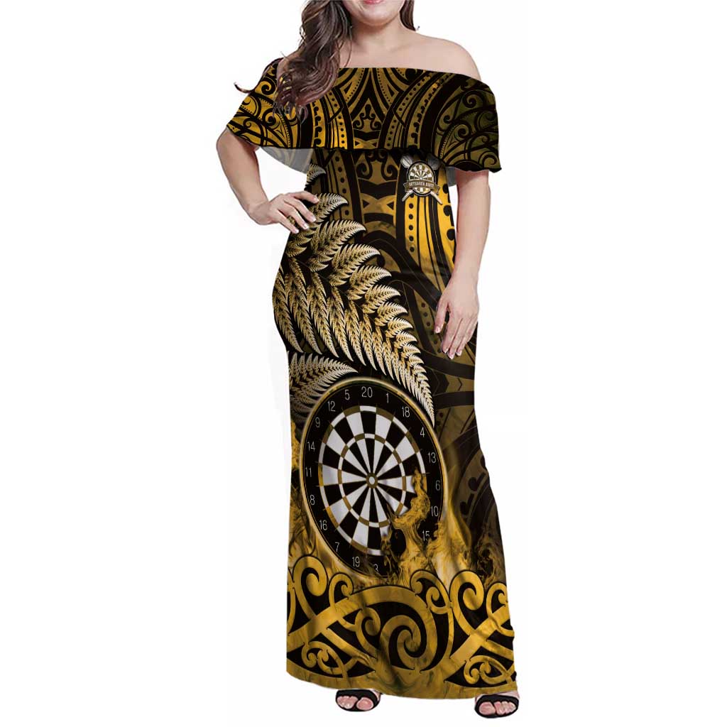 Personalised New Zealand Darts Family Matching Off Shoulder Maxi Dress and Hawaiian Shirt Maori Koru Dartboard Gold Flame LT05 Mom's Dress Gold - Polynesian Pride