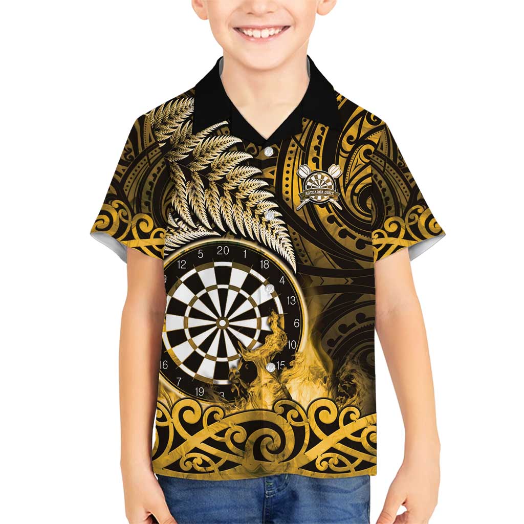 Personalised New Zealand Darts Family Matching Off Shoulder Maxi Dress and Hawaiian Shirt Maori Koru Dartboard Gold Flame LT05 Son's Shirt Gold - Polynesian Pride