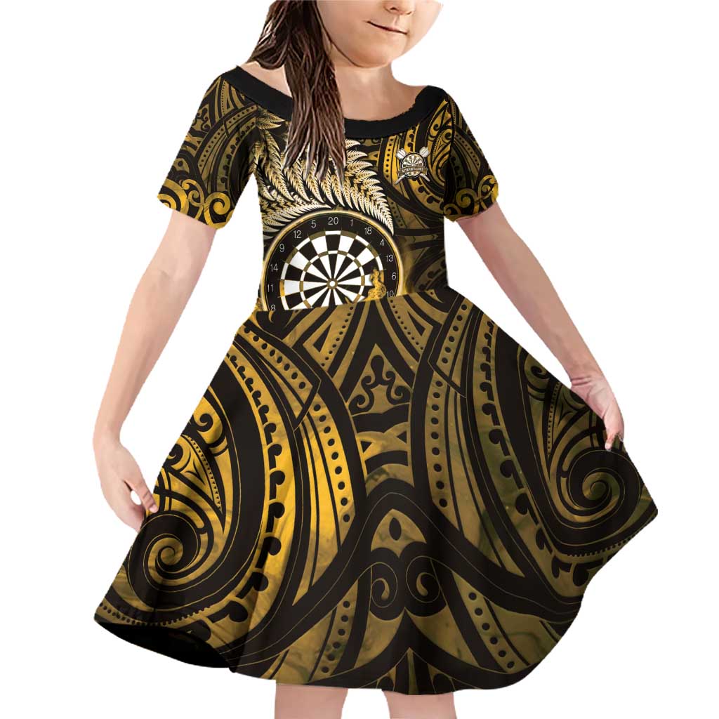 Personalised New Zealand Darts Family Matching Off Shoulder Short Dress and Hawaiian Shirt Maori Koru Dartboard Gold Flame LT05 Daughter's Dress Gold - Polynesian Pride