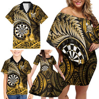 Personalised New Zealand Darts Family Matching Off Shoulder Short Dress and Hawaiian Shirt Maori Koru Dartboard Gold Flame LT05 - Polynesian Pride