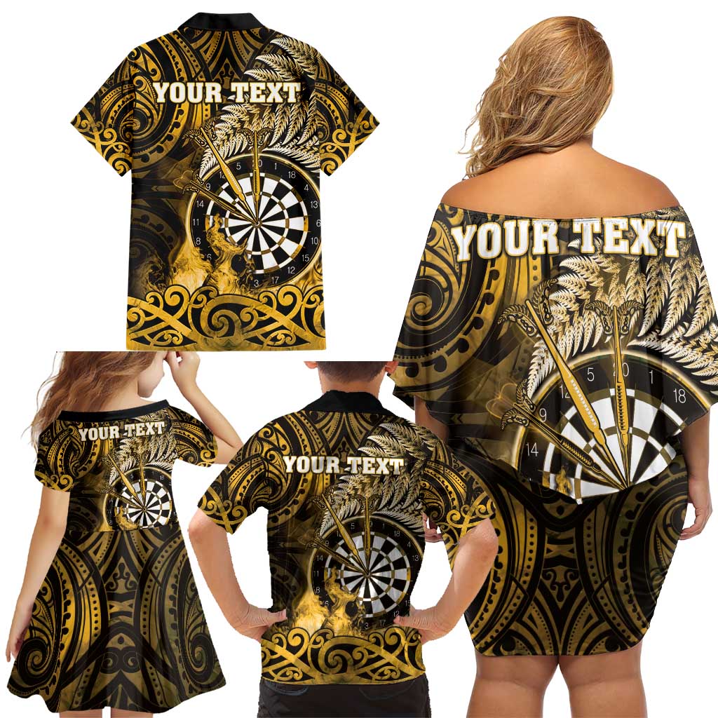 Personalised New Zealand Darts Family Matching Off Shoulder Short Dress and Hawaiian Shirt Maori Koru Dartboard Gold Flame LT05 - Polynesian Pride