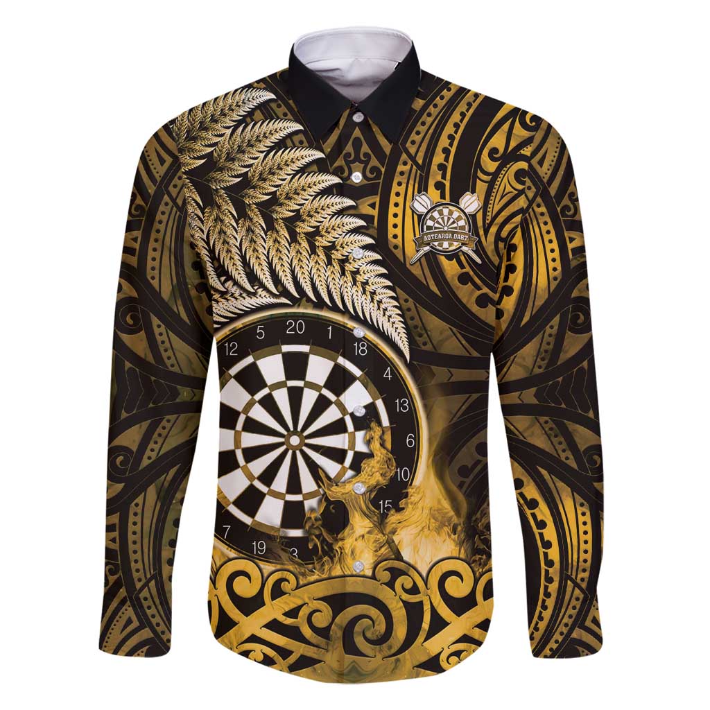 Personalised New Zealand Darts Family Matching Off Shoulder Short Dress and Hawaiian Shirt Maori Koru Dartboard Gold Flame LT05 Dad's Shirt - Long Sleeve Gold - Polynesian Pride