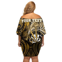 Personalised New Zealand Darts Family Matching Off Shoulder Short Dress and Hawaiian Shirt Maori Koru Dartboard Gold Flame LT05 - Polynesian Pride