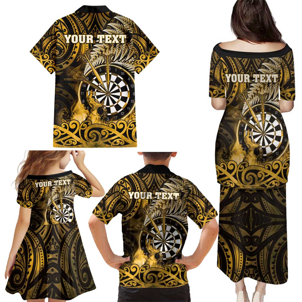 Personalised New Zealand Darts Family Matching Puletasi and Hawaiian Shirt Maori Koru Dartboard Gold Flame LT05 - Polynesian Pride