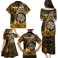Personalised New Zealand Darts Family Matching Puletasi and Hawaiian Shirt Maori Koru Dartboard Gold Flame LT05 - Polynesian Pride