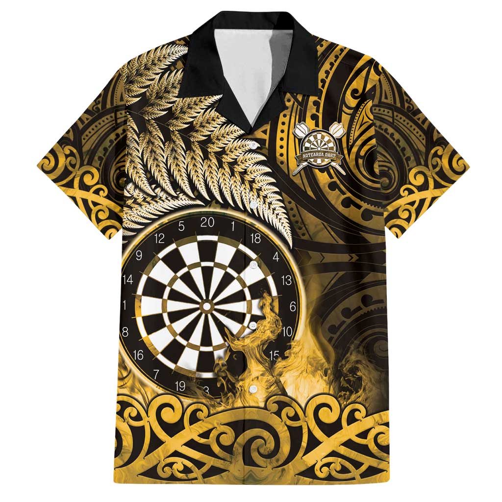 Personalised New Zealand Darts Family Matching Puletasi and Hawaiian Shirt Maori Koru Dartboard Gold Flame LT05 Dad's Shirt - Short Sleeve Gold - Polynesian Pride