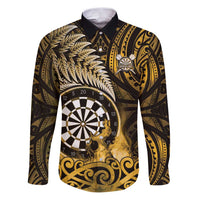 Personalised New Zealand Darts Family Matching Puletasi and Hawaiian Shirt Maori Koru Dartboard Gold Flame LT05 Dad's Shirt - Long Sleeve Gold - Polynesian Pride