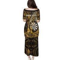 Personalised New Zealand Darts Family Matching Puletasi and Hawaiian Shirt Maori Koru Dartboard Gold Flame LT05 - Polynesian Pride