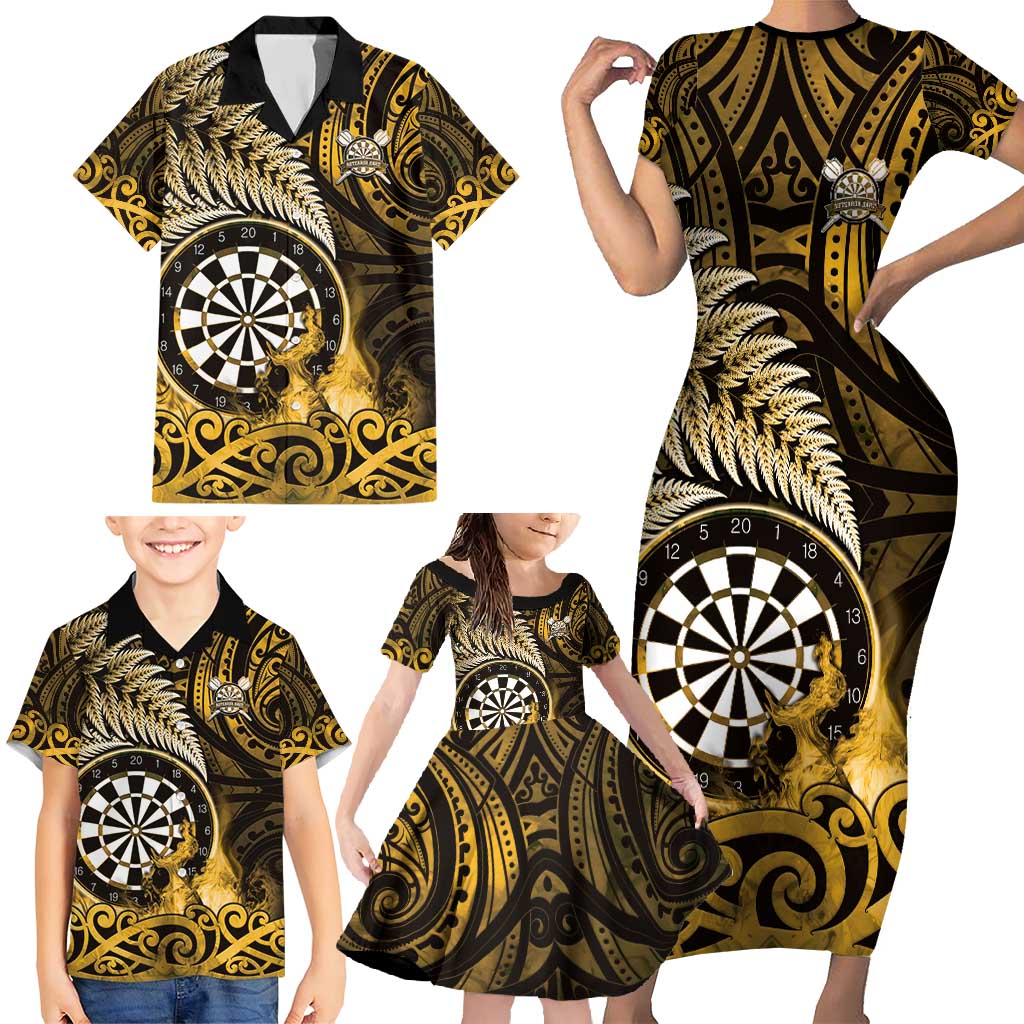 Personalised New Zealand Darts Family Matching Short Sleeve Bodycon Dress and Hawaiian Shirt Maori Koru Dartboard Gold Flame LT05 - Polynesian Pride