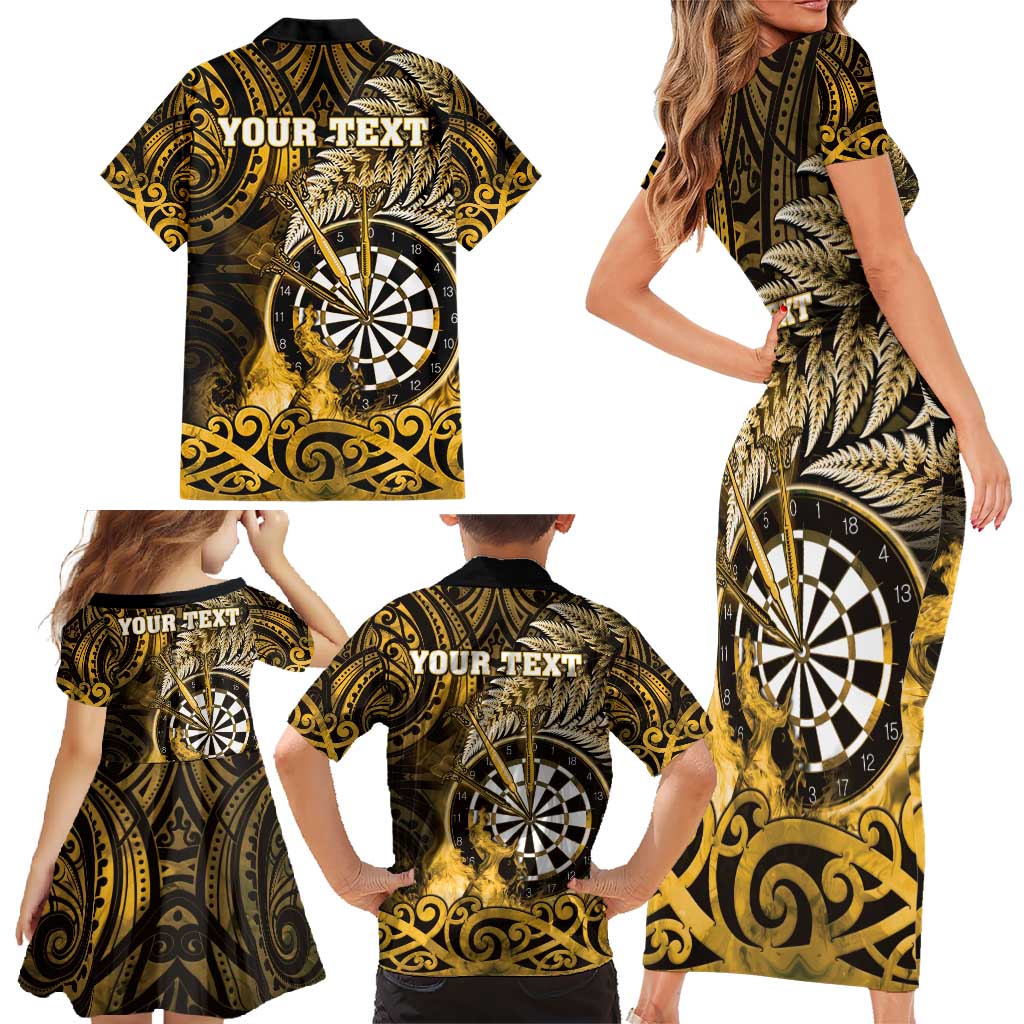Personalised New Zealand Darts Family Matching Short Sleeve Bodycon Dress and Hawaiian Shirt Maori Koru Dartboard Gold Flame LT05 - Polynesian Pride
