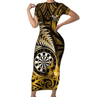 Personalised New Zealand Darts Family Matching Short Sleeve Bodycon Dress and Hawaiian Shirt Maori Koru Dartboard Gold Flame LT05 Mom's Dress Gold - Polynesian Pride
